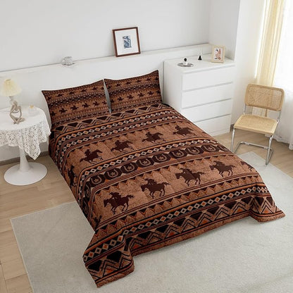 Feelyou Western Decor Comforter Set Queen Size Horse Comforter Southwestern Native Aztec Bedding Set Retro Exotic Boho Duvet Set Room Decor Rustic Brown Quilt Set