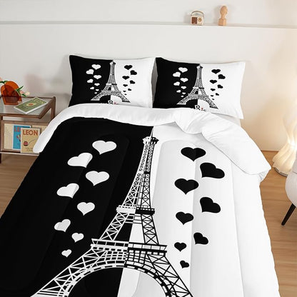HOSIMA Black and White Stitching Love Heart Paris Bedroom Comforter Set,Eiffel Tower Modern French Style Bedroom Decor,Romantic Sweet Couple King Size Comforter with 2 Pillow Cases.