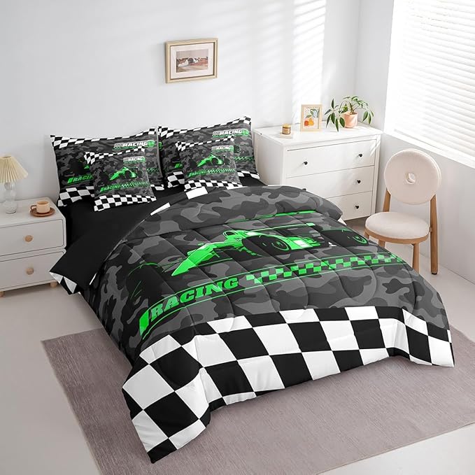 Feelyou Green Racing Car 7 Piece Bedding Set King Size Kids Boys Cartoon Race Car Comforter Set with Sheets for Teens Toddler Extreme Sports Bed in a Bag Camouflage Bed Set