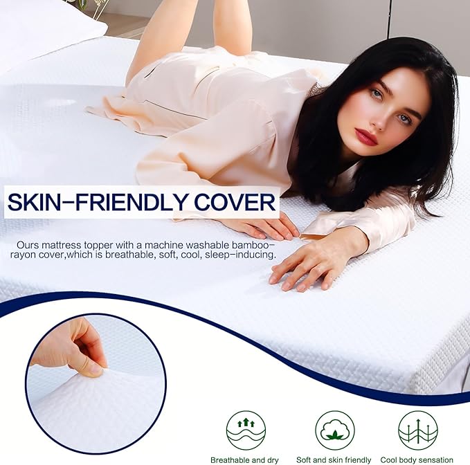 Twin XL Mattress Topper, Mattress Topper Twin XL 3 Inch High Density Memory Foam Mattress Pad Comfort Cooling, Bed Topper with Removable Cover, 4 Elastic Straps White, CertiPUR-US Certified