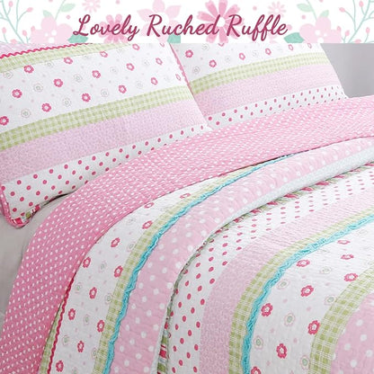 Cozy Line Home Fashions Pink Ruffle Flowers Polka Dot Girl 100% Cotton Reversible Quilt Bedding Set, Coverlet, Bedspread for All Seasons (Twin - 5 Piece)