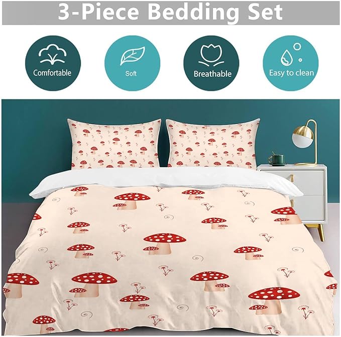 Mushroom Bedding Set Cartoon Mushroom Theme Comforter Set for Kids Teens Adults Women Men Red Mushroom Duvet Cover Bedroom Decor Soft King Size Quilt Cover with 2 Pillowcases