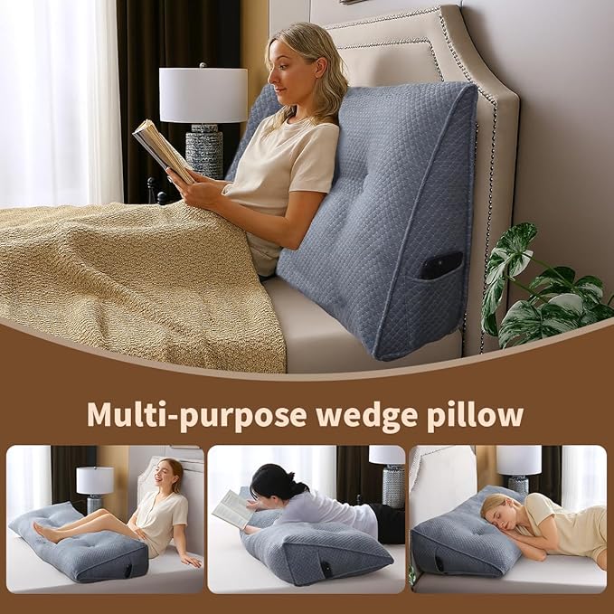 Wedge Headboard Pillow for Bed, Twin Dorm Headboard Pillow Support for Sitting Up, Reading, Relaxing, Bolster Pillow with Removable Washable Cover, Blue Gray