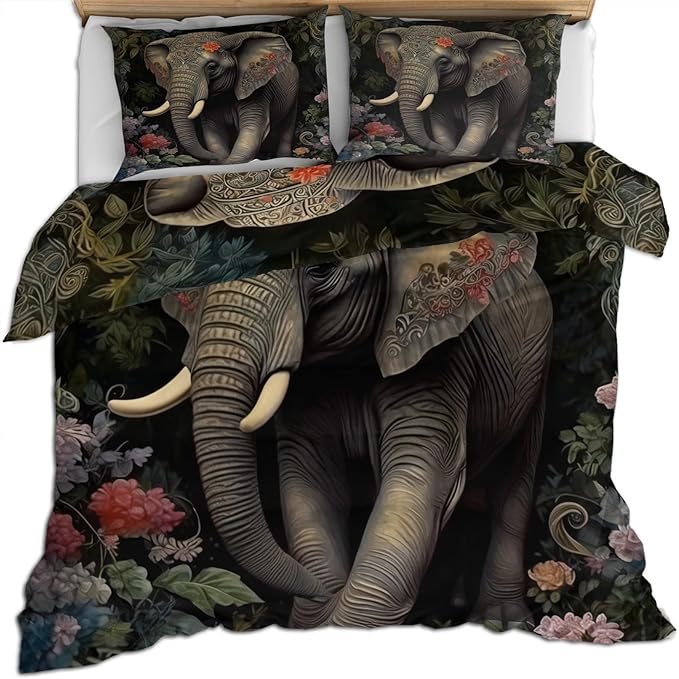 Elephant Duvet Cover Twin Retro Tropical Elephant Bedding Set 2 Piece for Kids Decor Boho Jungle Comforter Cover and 1 Pillow Sham with Zipper Closure