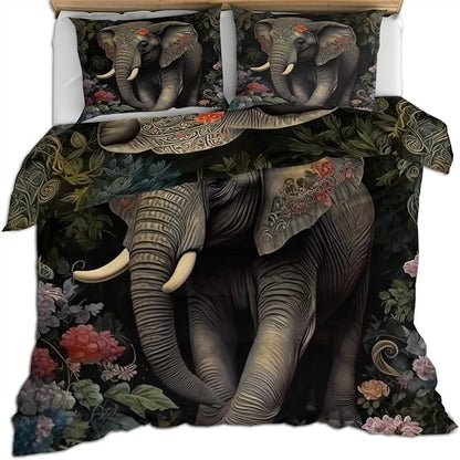 Elephant Duvet Cover Twin Size, Retro Tropical Elephant Bedding Set 2 Piece Kids and Adults Boho Jungle Comforter Cover and 1 Pillow Sham with Zipper Closure