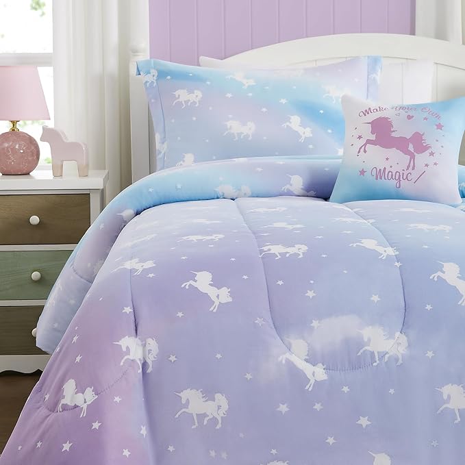 Twin Bedding Sets for Girls - 3 Pieces Glow in The Dark Unicorn Twin XL Comforter Sets for Girls 1 Comforter, 1 Decor Pillow, 1 Pillow Sham