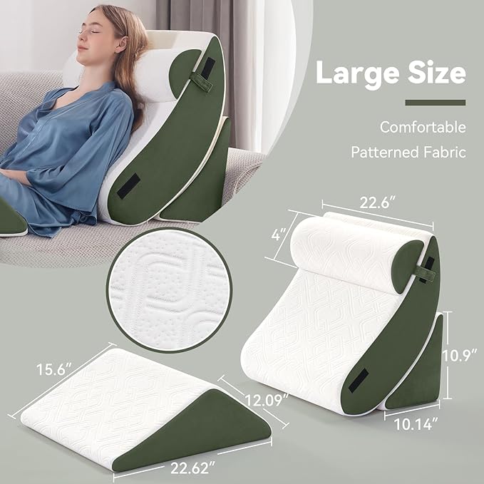 Wedge Pillow Set for After Surgery, 4 PCS Bed Wedge Pillow for Sleeping, Memory Foam Orthopedic Back Pillow for Pain Relief and Acid Reflux, Adjustable Post Surgery Pillow Green
