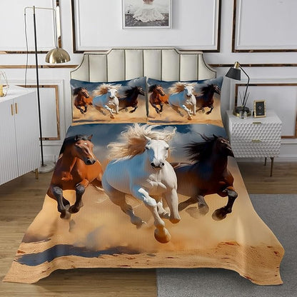 Erosebridal Queen Size Bedding Set, Galloping Horse Bedspread for Teen Adult Youth Child, Wild Animal Quilted Cowboy Theme White Brown Maroon Horse Decor Coverlet Set 3 Pcs