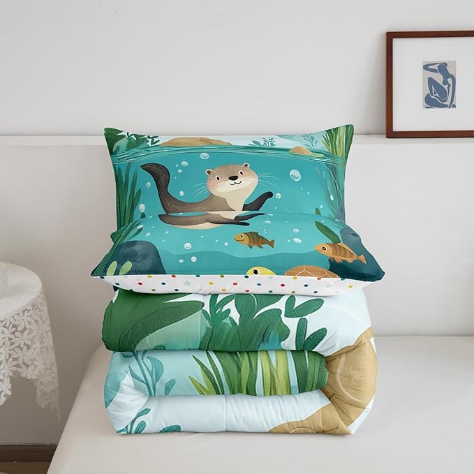 Lovely Otter Kids Comforter Set Toddler Size 2 Pcs Underwater View Cute Turtle Fish Bedding Sets for Boys Girls Teens Green Leaves Cartoon Animal Rustic Style Quilted Comforter with 1 Pillowcase