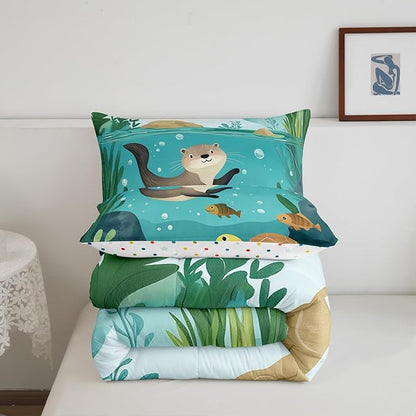 Lovely Otter Kids Comforter Set Toddler Size 2 Pcs Underwater View Cute Turtle Fish Bedding Sets for Boys Girls Teens Green Leaves Cartoon Animal Rustic Style Quilted Comforter with 1 Pillowcase