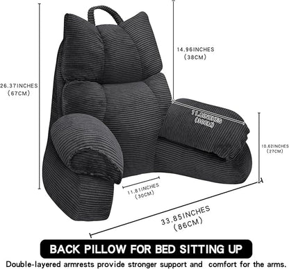 RRPAHWTV Reading Pillow for Bed with High Arm Rests ,Back Support Pillow for Sitting Up in Bed with Shredded Memory Foam for Reading, TV, Gaming or Relaxing on Floor（Grey Black, Large）