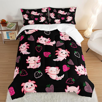 Cute Axolotl Bedding Set King Size,Pink Axolotl Strawberry Printed Comforter Sets Aesthetic Bedding for Kids Girls,Beach Coastal Animal Themed Comforter Sets with 2 Pillowcases.
