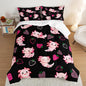 Cute Axolotl Bedding Set King Size,Pink Axolotl Strawberry Printed Comforter Sets Aesthetic Bedding for Kids Girls,Beach Coastal Animal Themed Comforter Sets with 2 Pillowcases.