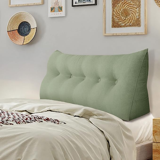 Wedge Headboard Pillow Dorm Room Reading Pillow Back Support for Sitting Up in Bed Bolster Lumbar Cushion Body Positioning Bedrest Cotton Linen 59in Grass Green Queen