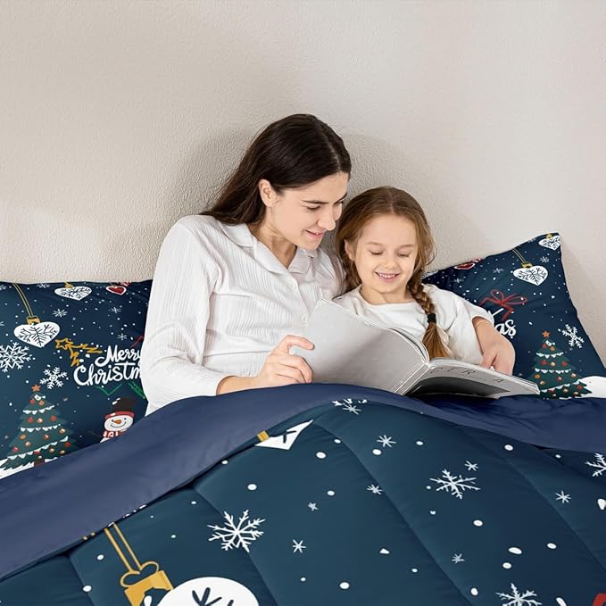 Erosebridal Snowflake Comforter Set for Kids Boys Girls,Cartoon Snowman Bedding King,Merry Christmas Comforter Sets,Winter Xmas Tree Stars Duvet Insert with 2 Pillowcases