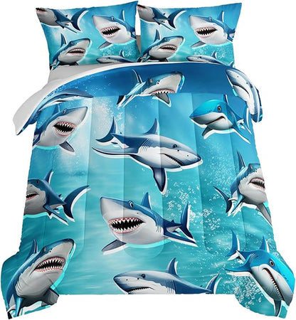 HOSIMA Teens Shark Print Bedding Sets Twin Size,Shark Swimming in The Underwater World Pattern Comforter Sets for Kids Boys Girls,Ocean Animal Theme Comforter Sets with Two Pillowcases.