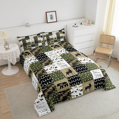 Feelyou Deer Print Comforter Soft Quilt for Girls, Bear Camouflage Bedding Set Kids Deer Hunting Arrow Grid Plaid Comforter Set Decor,Green Collection 3Pcs Full Size Boys