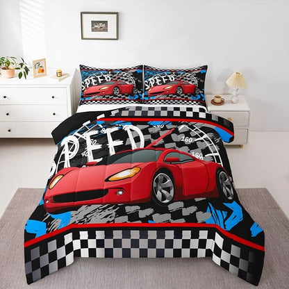 Feelyou Boys Race Car Bedding Set Cool Race Sports Car Set Comforter Set for Kids Boys Sports Duvet Set Checkered Comforter Red 1 Comforter Set with 2 Pillowcases King Size Boys