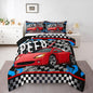 Feelyou Boys Race Car Bedding Set Cool Race Sports Car Set Comforter Set for Kids Boys Sports Theme Duvet Set Checkered Comforter Red 1 Comforter Set with 2 Pillowcases Full Size
