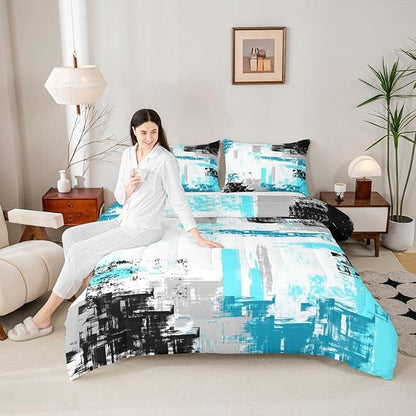 Feelyou Abstract Comforter Set for Girls Boys Kids Modern Abstract Art Comforter Room Decorative Teal Blue White Black Bedding Set Luxury Duvet Set Queen Size 3Pcs Comforter Inner Fill