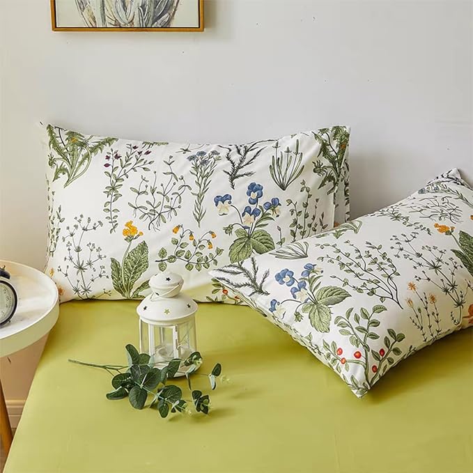 Floral Duvet Cover King Size Green Floral Botanical Bedding Set with Yellow Flower Kids Boys Girls Vintage Garden Style Fall Reversible Soft Breathable Microfiber Duvet Cover Set, 3 Pieces