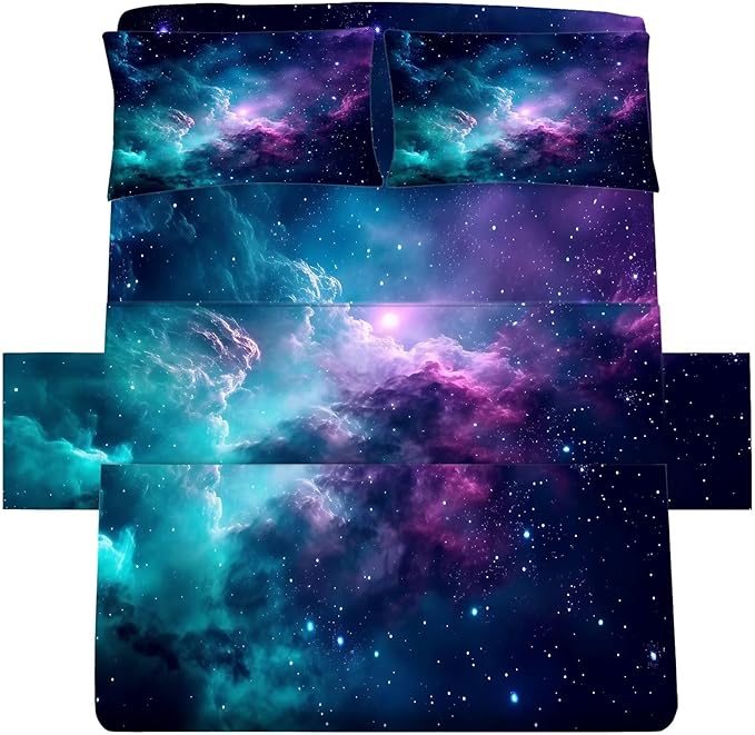 Blue Galaxy Sheet Set Twin: Space Bedding Set for Kids Teens Girls Boys Cloud Starry Sky Bedroom Bed - 1 Flat Sheet, 1 Fitted Sheet, 1 Pillowcase