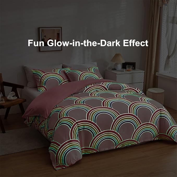 Pink Girls Twin Comforter Set, Glow in The Dark 3 Pieces Rainbow Comforter with 2 Pillowcases, Soft Microfiber Girls Twin Bedding Set for Kids Teens Washable Lightweight All Season Use