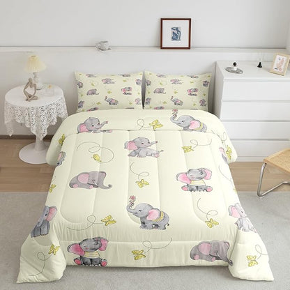 Kawaii Elephant Kids Comforter Set King Size,Yellow Butterfly Cartoon Wildlife Reversible Quilted Duvet with 2 Pillowcases Watercolor Grey Pink Animal Comforter for Boys Teens Bedroom
