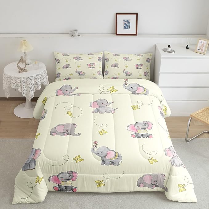 Kawaii Elephant Kids Comforter Set Queen Size,Yellow Butterfly Cartoon Wildlife Reversible Bedding Set for Girls Bedroom Decor Watercolor Grey Pink Animal Quilted Duvet,2 Pillowcases