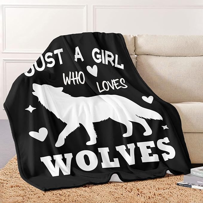 Wolf Lover Blanket, Just A Girl Who Loves Wolves Blanket, Soft Warm Cozy Fleece Throw, Gifts for Girls Women Kids, 60"x80", Black