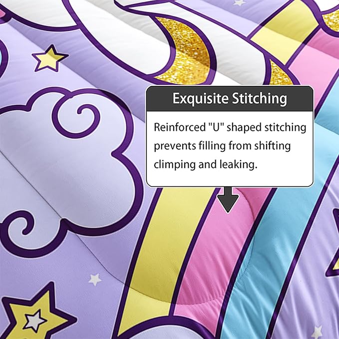 Axolotl Rainbow Unicorn Bedding Set King,Purple Unicorn Kids Comforter Set for Girls,Colorful Rainbow Bedding for Kids Teens Adults,Cartoon Stars Cloud Comforter,1 Quilt with 2 Pillowcases All Season