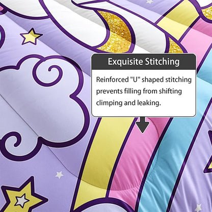 Axolotl Rainbow Unicorn Bedding Set King,Purple Unicorn Kids Comforter Set for Girls,Colorful Rainbow Bedding for Kids Teens Adults,Cartoon Stars Cloud Comforter,1 Quilt with 2 Pillowcases All Season