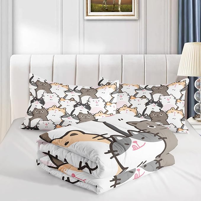 CVHOUSE Cat Bedding,Cartoon Cat Comforter Queen,Animals Print Comforter Set for Kids,Kawaii Quilt Set with 1 Comforter and 2 Pillow Cases