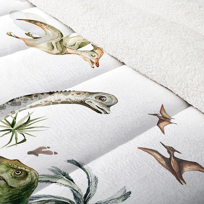 QOOMO Jurassic Period Dinosaurs Sherpa Comforter Set King, Primitive Senling Sherpa Fleece, Plush and Warm Bedding Comforter Sets, Down Alternative Ultra Soft and Cozy Comforter Set for Boys, 3-Piece