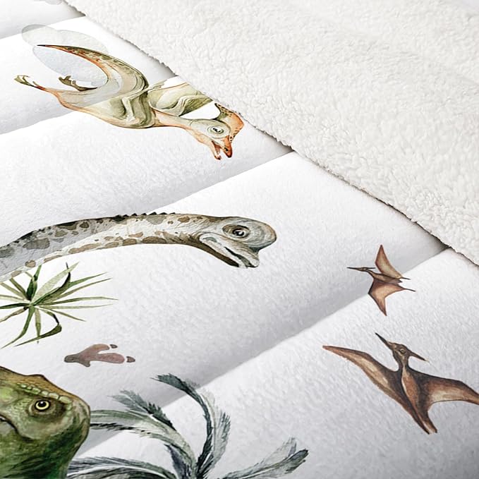 QOOMO Jurassic Dinosaurs Sherpa Comforter Set Full/Queen, Primitive Senling Sherpa Fleece, Plush and Warm Bedding Comforter Sets, Down Alternative Ultra Soft and Cozy Comforter Set for Boys, 3-Piece
