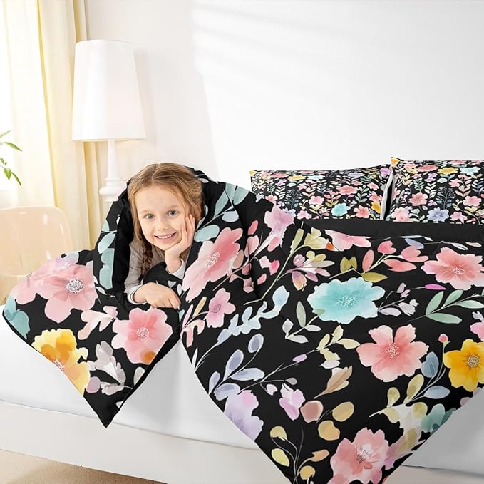 Erosebridal Black Floral Toddler Bedding Set,Cute Pink Flower Boho Comforter Set for Kids Girls,Colorful Flowers Wildflower Bed Set,Botanical Plant Leaves Room Decor,1 Pillowcase Breathable