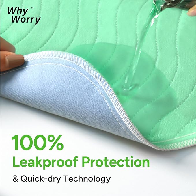 WhyWorry Washable Bed Pads for Adult Incontinence, 34" x 36" (Pack of 2) Washable Pee Pads for Bed Wetting, Heavy Absorbency Reusable Underpads for Elderly & Kids, Waterproof Mattress Protector, Green