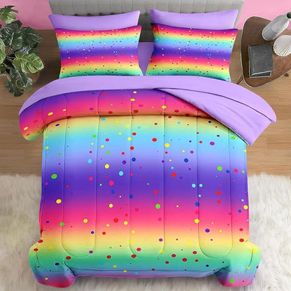 Comforter Set Twin Size, Cute Rainbow Polka Dot 5 Pcs Bedding for Kids and Adults, Colorful Glitter Bed Sheet Sets with Fitted Sheet Pillowcase & Sham for Bedroom Bed Decor