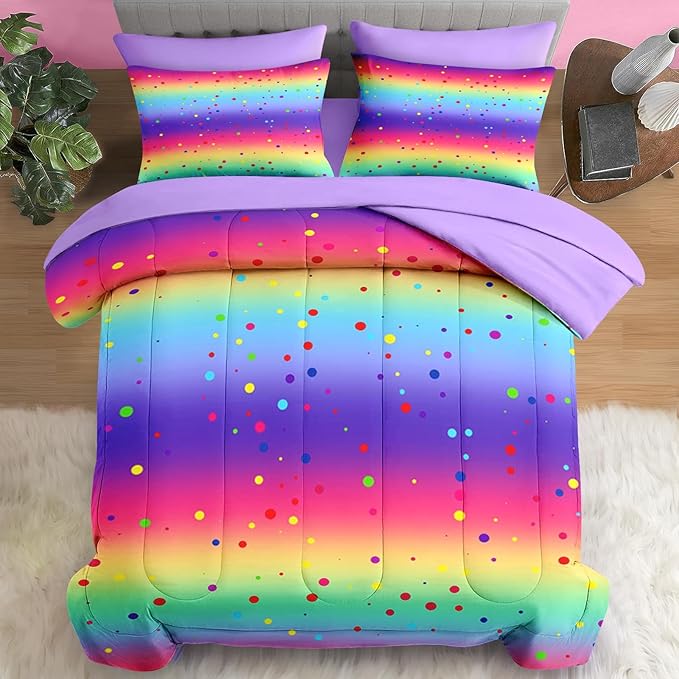 Comforter Set Full Size, Cute Rainbow Polka Dot 7 Pcs Bedding for Kids and Adults, Colorful Glitter Bed Sheet Sets with Fitted Sheet 2 Pillowcases & 2 Shams for Bedroom Bed Decor
