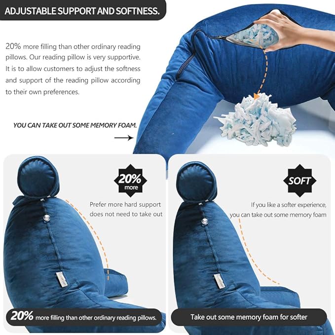 Reading Pillow for Sitting in Bed Adult with Detachable Neck Roll & Big Backrest Pillow for Bed Sitting up with Arms Side Pocket Shredded Foam Back Pillows Chair Pillow with Washable Cover