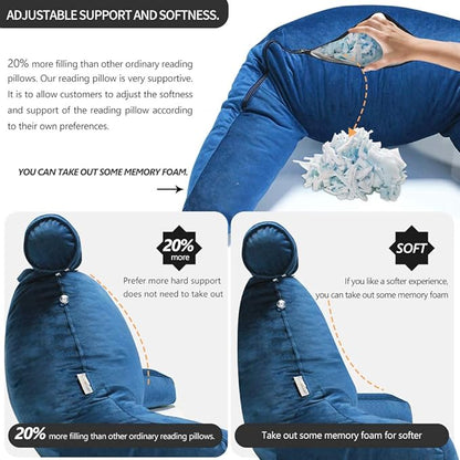 Reading Pillow for Sitting in Bed Adult with Detachable Neck Roll & Big Backrest Pillow for Bed Sitting up with Arms Side Pocket Shredded Foam Back Pillows Chair Pillow with Washable Cover