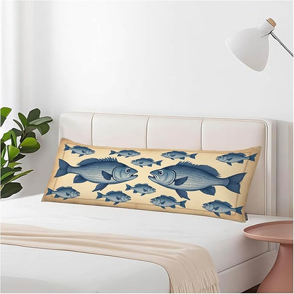 Couch Body Pillow Cover Fish Retro Bedding Body Pillow Case for Men Women, Vintage Ocean Fish Oblong Pillow Covers Throw Body Cushion Cases for Home Sofa Livingroom 20"X 54" Blue