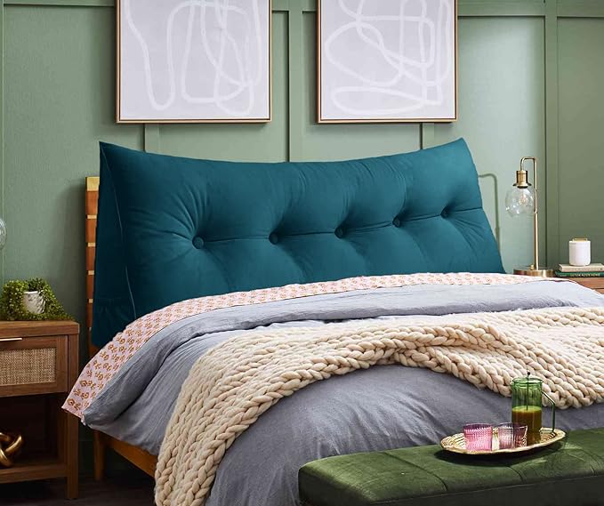 Triangular Reading Bed Rest Pillow Large Bolster Cushion Headboard Backrest Wedge Pillow with Removable Cover and Two Large Side Pockets (Teal, California King: 71 x 8 x 20 inches)