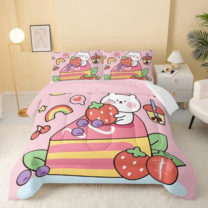 QOOMO Kawaii Bear Comforter King,Pink Bear Comforter Set for Kids Teens Girls,3Pcs Bedding Set Printed Comforter with 2 Pillowcases,Down Alternative,Soft and Lightweight，King Size