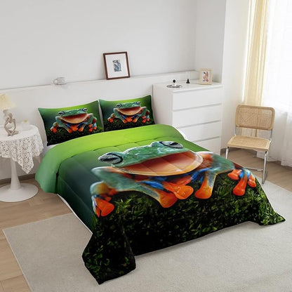Feelyou Frog Bedding Set Tropical Amphibian Comforter Set for Kids Boys Girls 3D Animal Theme Comforter Tropical Nature Theme Decor Quilt Set Bedroom Collection 3Pcs Queen Size
