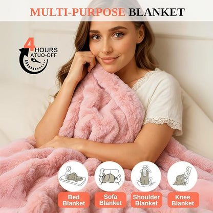 Electric Heated Blanket Throw 50"x60" Pink Ultra Soft Luxury Fluffy Faux Rabbit Fur Machine Washable 6 Heat Settings 4 Hours Auto Off Overheat Protection for Home Office Use