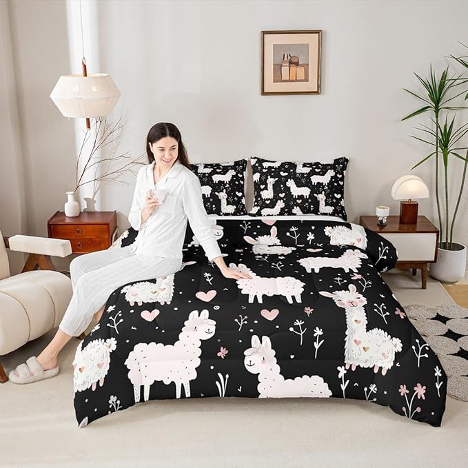 jejeloiu Cute Llama Comforter Set All Season Pink Love Heart Bedding Set with 2 Pillow Cases Floral Flower Microfiber Kids Full Bedclothes Kawaii Animal Bedroom Decor Duvet Quilt Soft