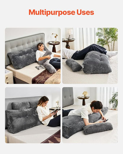 VEVOR Headboard Pillow, Queen Size Wedge Headboard Pillow with 2 Side Pockets and 2 Headrests, Bed Wedge Pillow with Washable Flannel Cloth, for Reading, Gaming, Resting, Working in Bed, Grey
