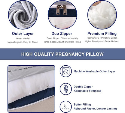 ALLOPERA Pregnancy Pillow, Full Body Maternity Pillow 57 inch, with Removable Washable Cover - Sleep Support for Legs, Back, Neck, Shoulder, HIPS, Belly, Velvet Cover-Grey-Dark Blue