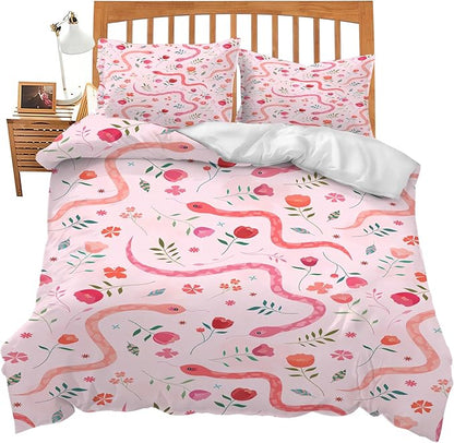 Reptiles Snake Theme 3 Pieces Duvet Cover Comforter Set with 2 Pillowcase Full Size Snake Flower Bed Sheet Quilt Bedroom Bedding for Lover Kids